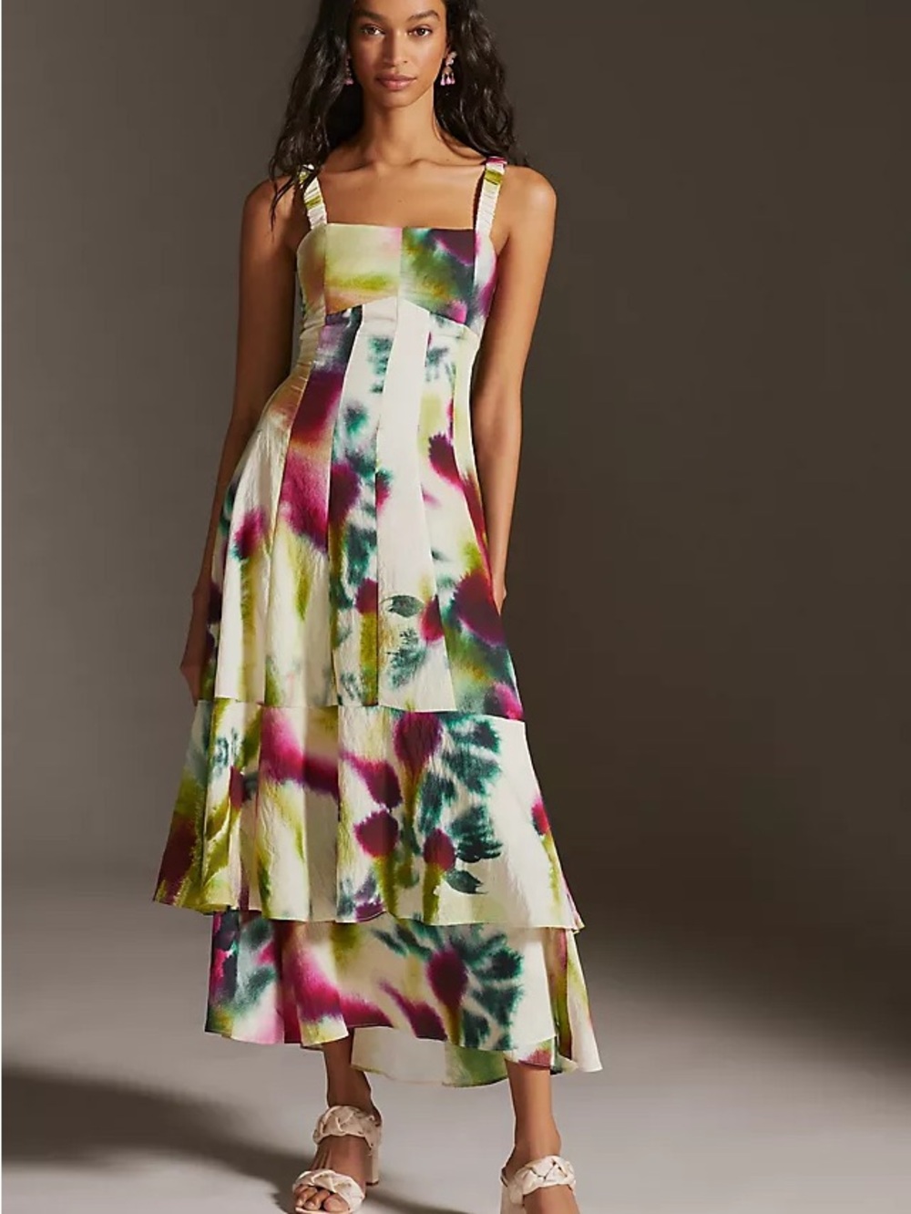 Anthropologie Watercolor Tiered Cutout Midi Dress Women’s US 4 EU 38 Abstract
